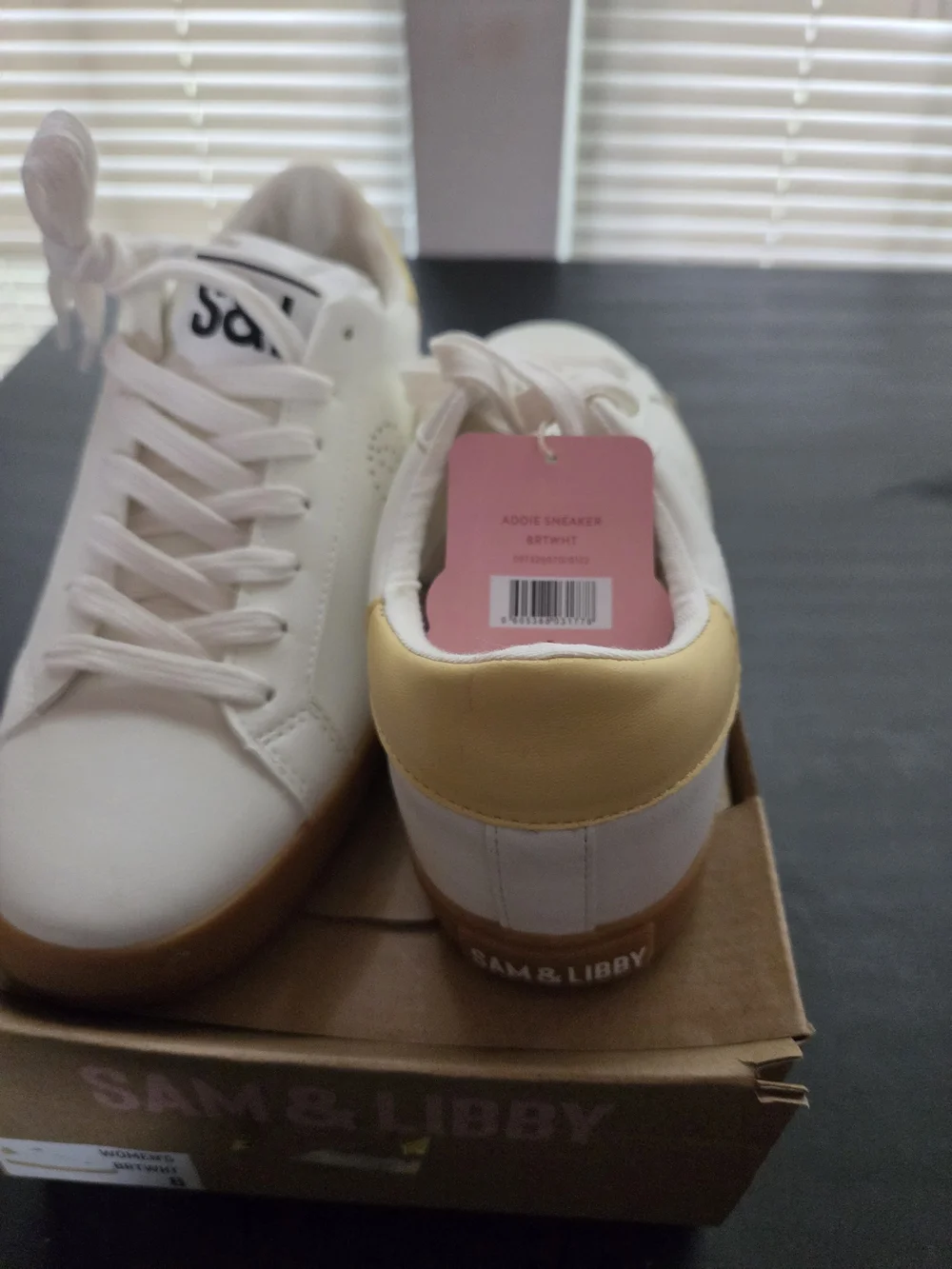 Sam & Libby Women's bright white  Leather Lace-Up Sneakers with Yellow Accent